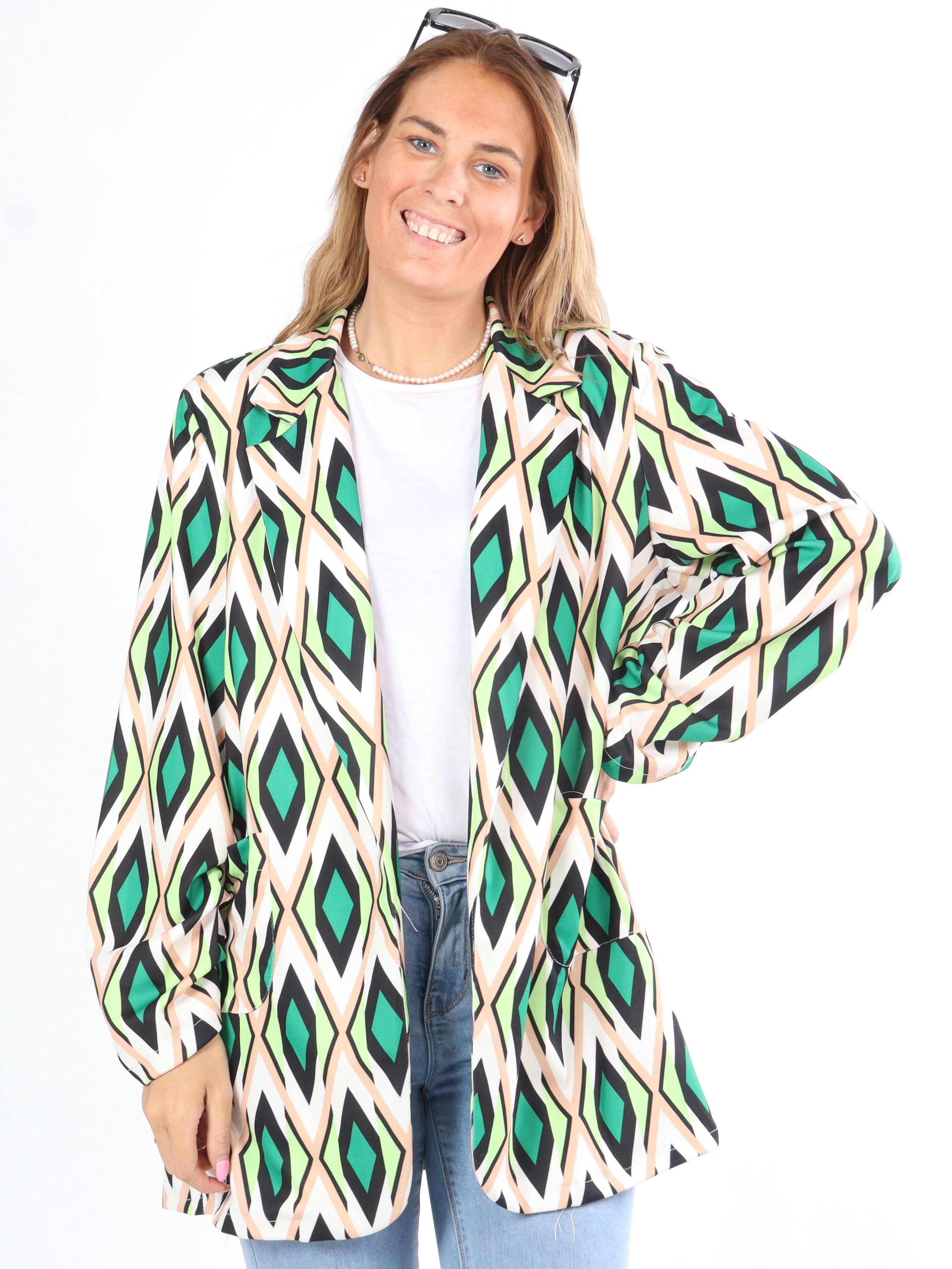 Liv - Blå mønstret blazer med lommer